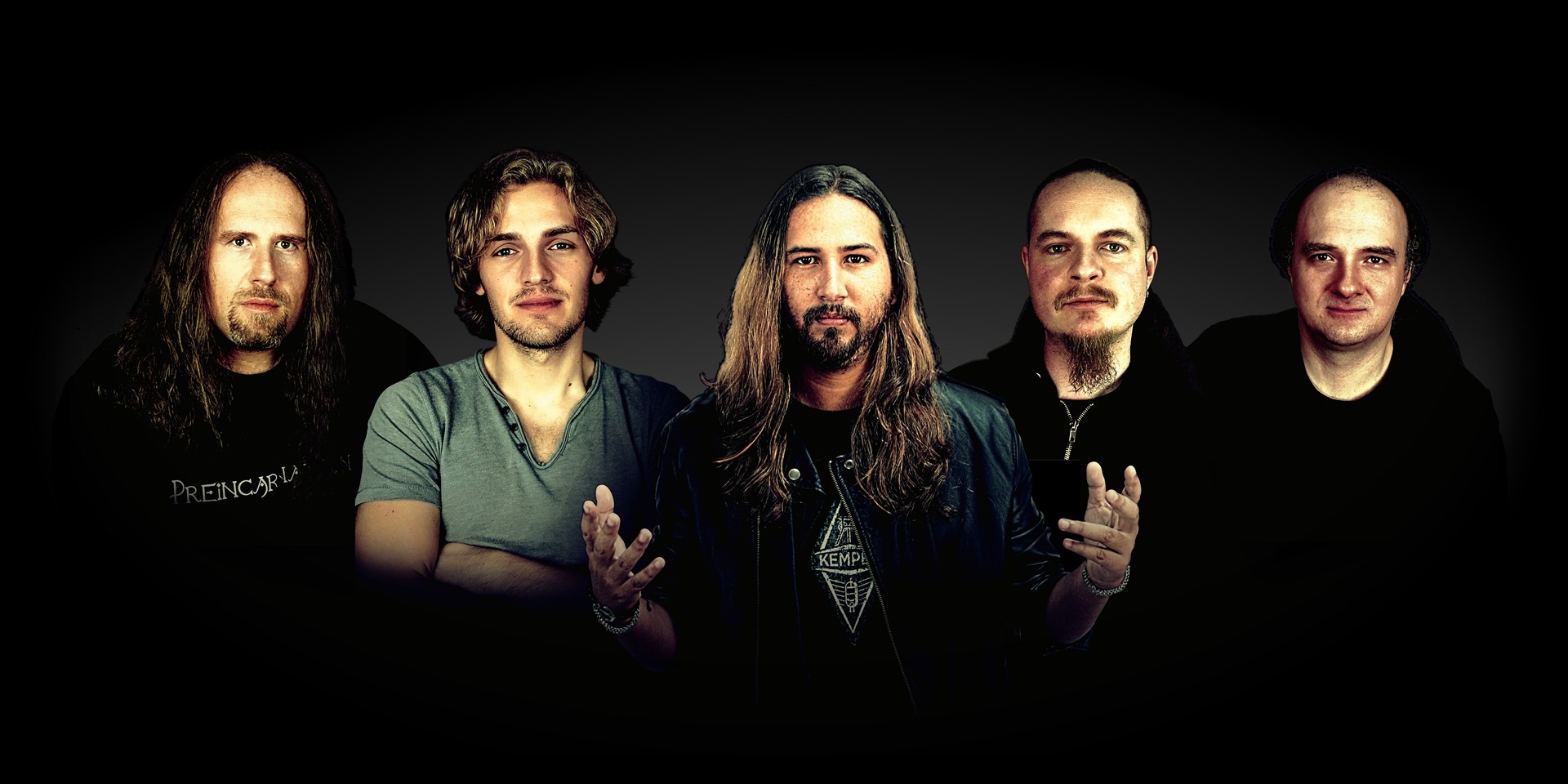 The five musicians of Preincarnation against a dark background